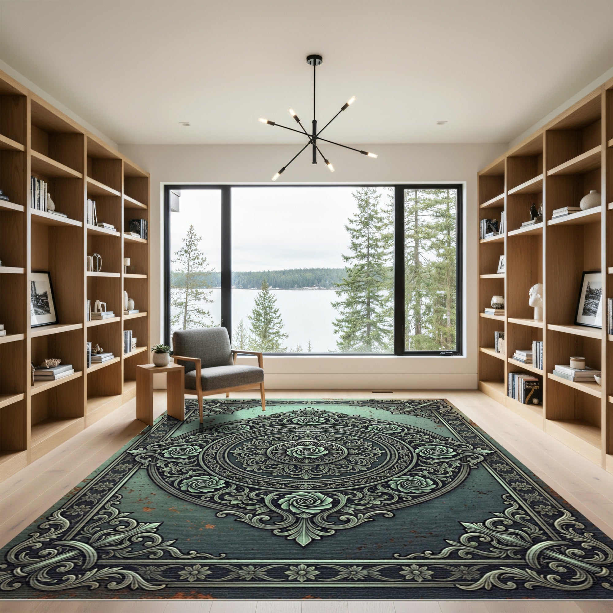 Ornate Sage Teal Floral Medallion Rug