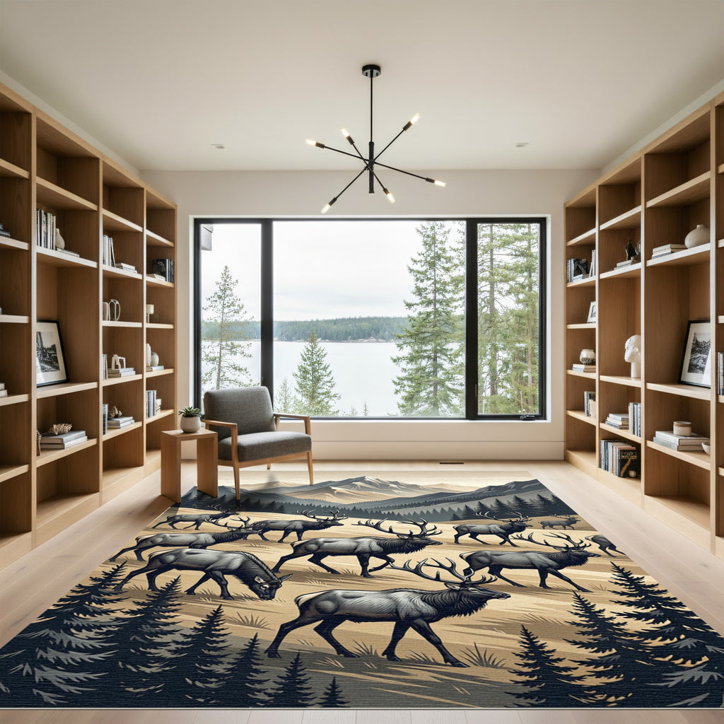 Majestic Elk Herd Mountain Landscape Rug
