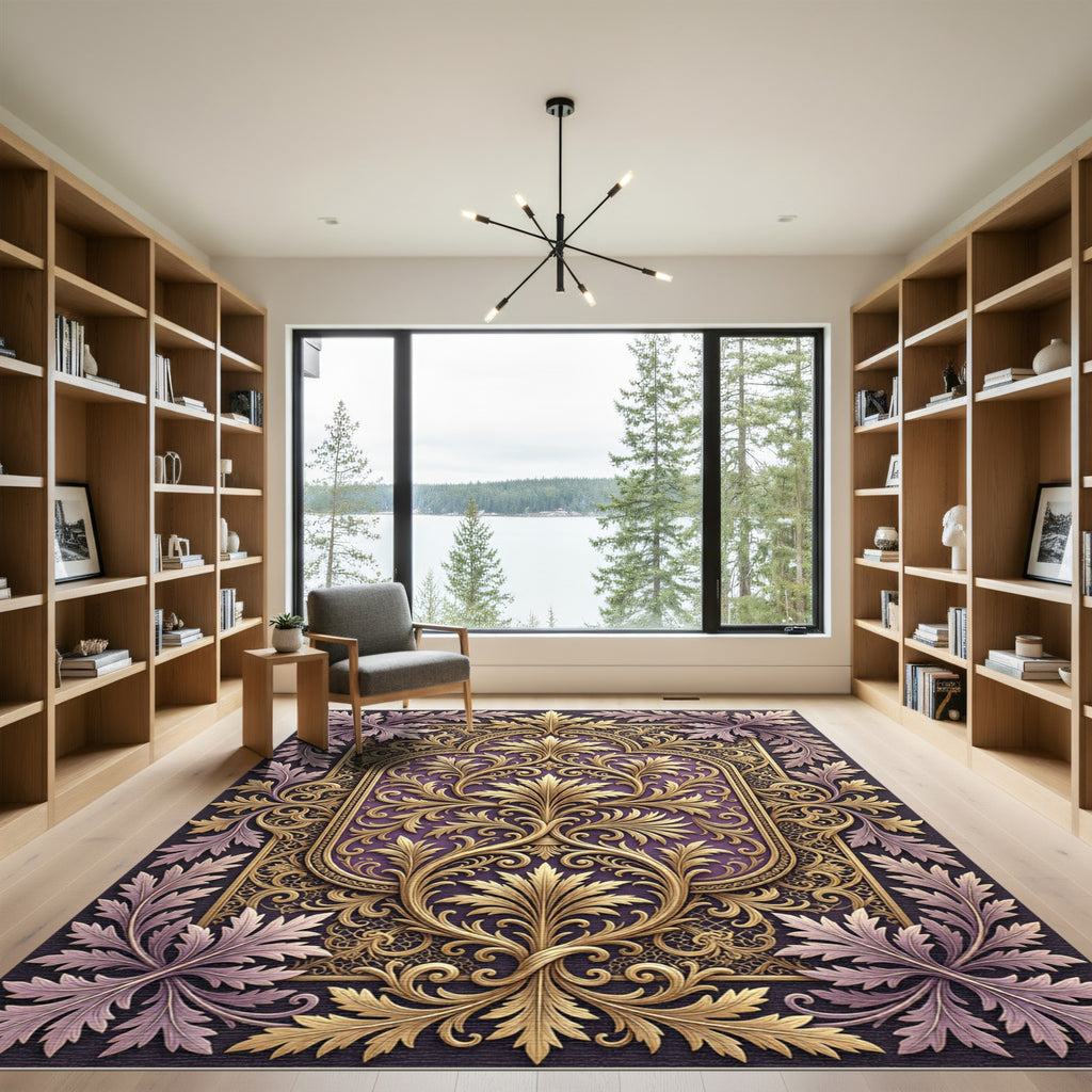 Ornate Gold Leaf Purple Scrolling Rug