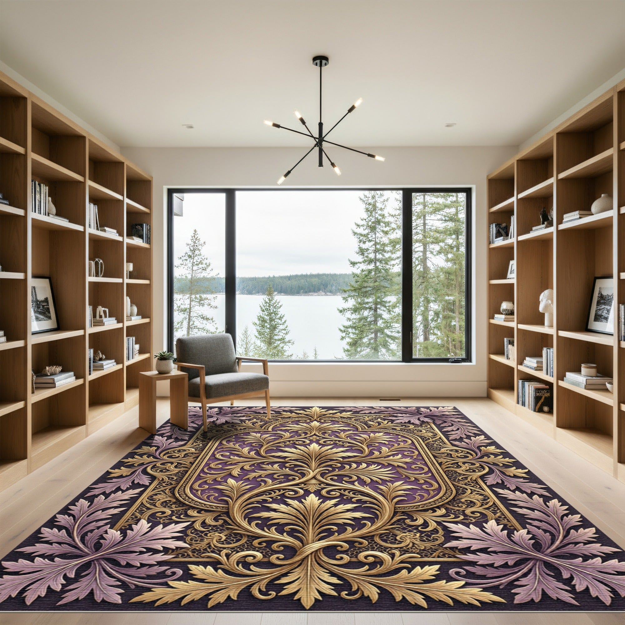Ornate Gold Leaf Purple Scrolling Rug