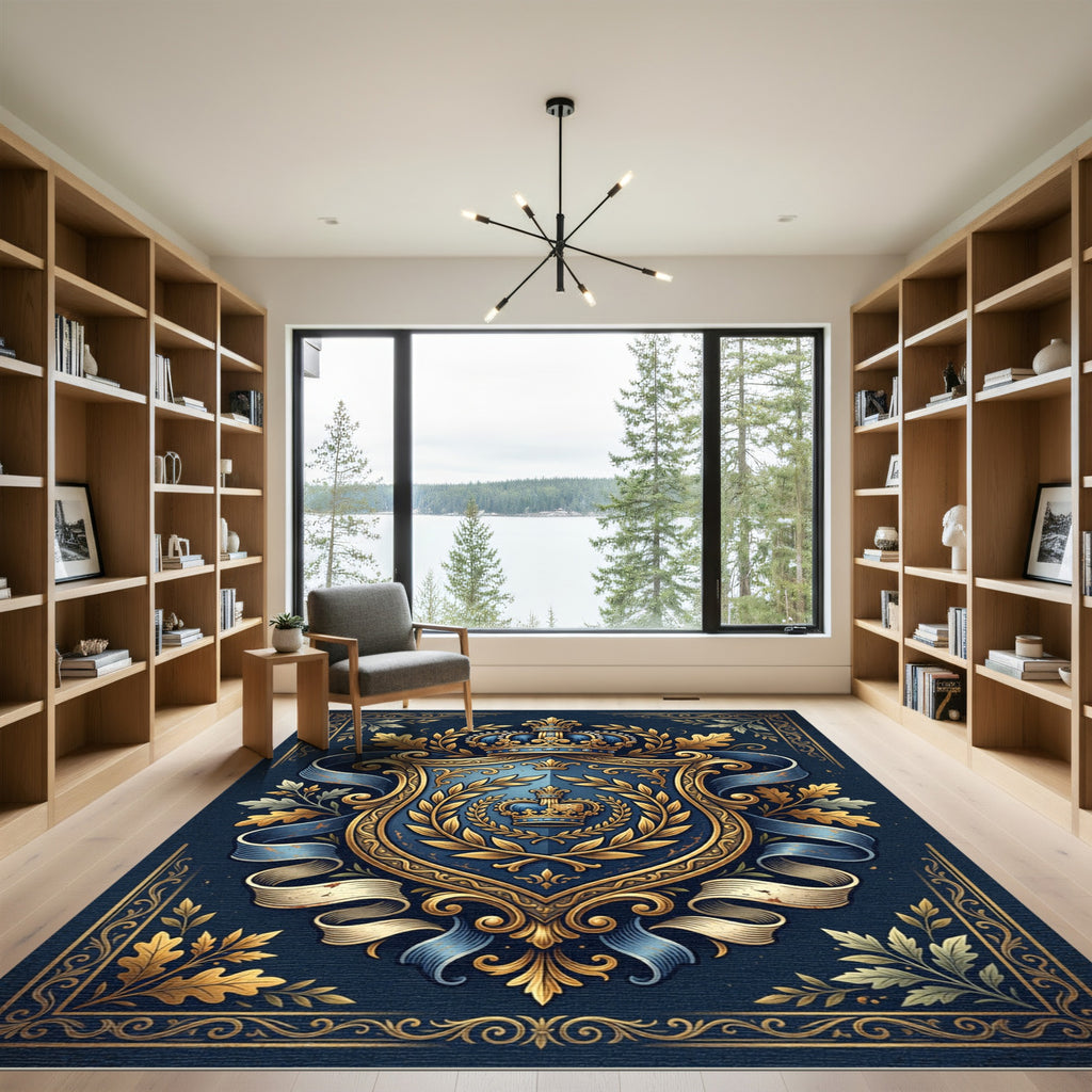 Royal Blue Gold Crest Heraldic Emblem Rug