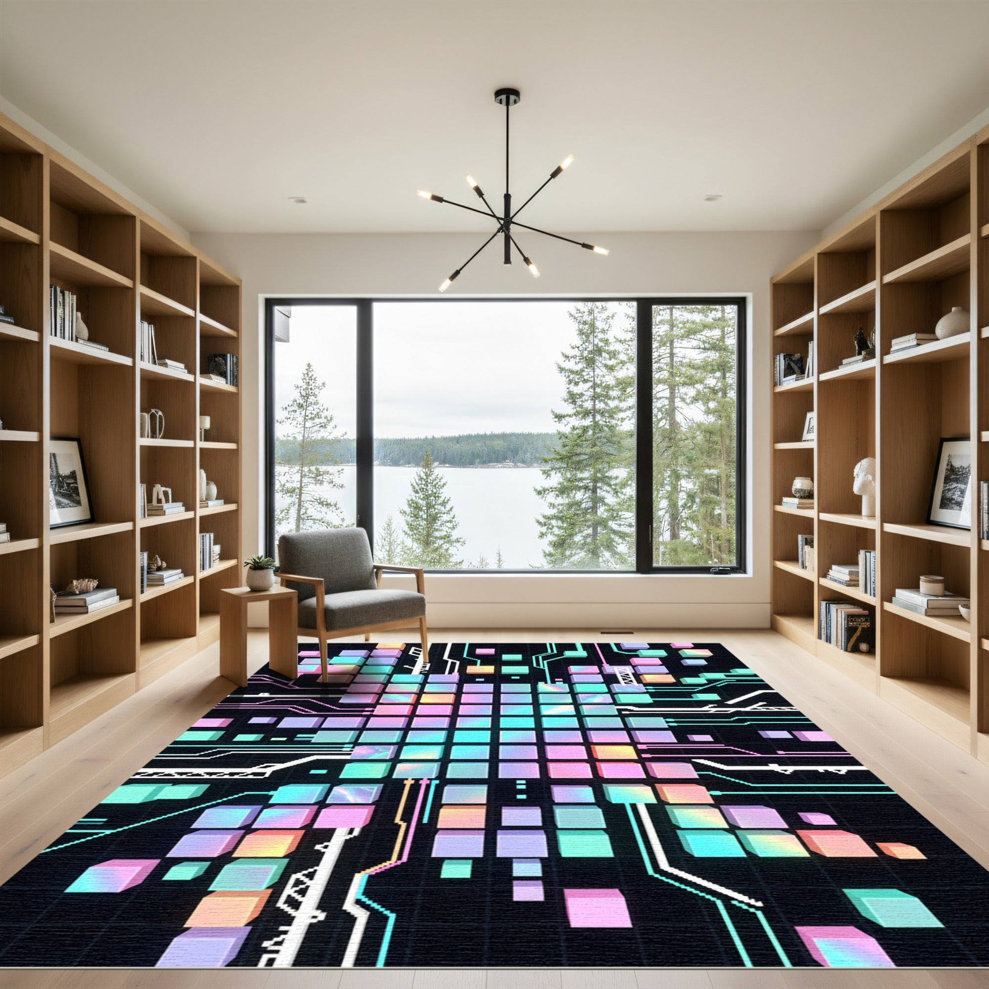 Neon Cybernetic Cube Grid Abstract Rug