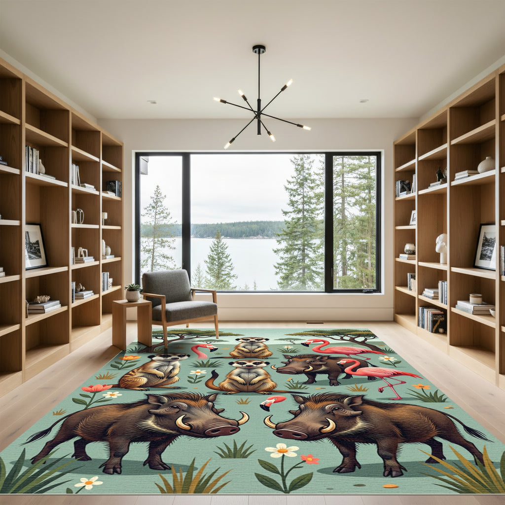 Whimsical Safari Meerkat Flamingo Warthog Landscape Rug