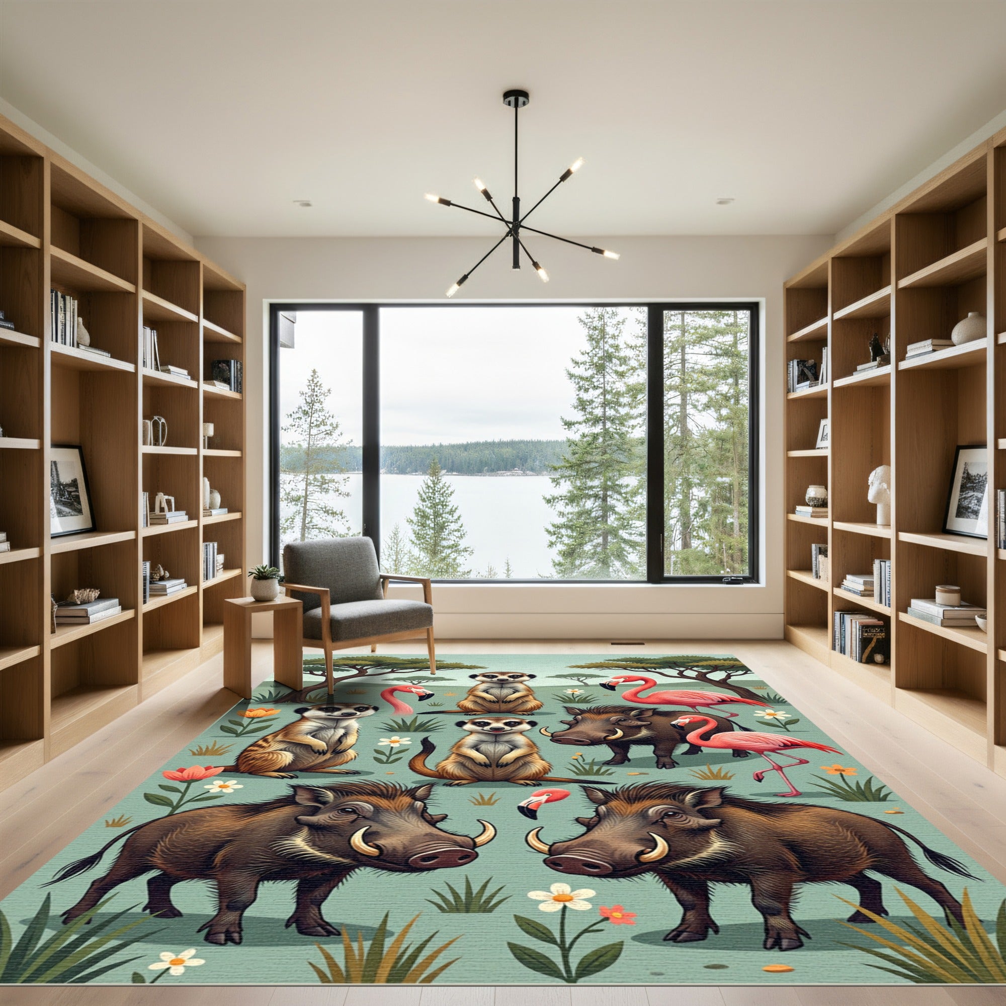Whimsical Safari Meerkat Flamingo Warthog Landscape Rug