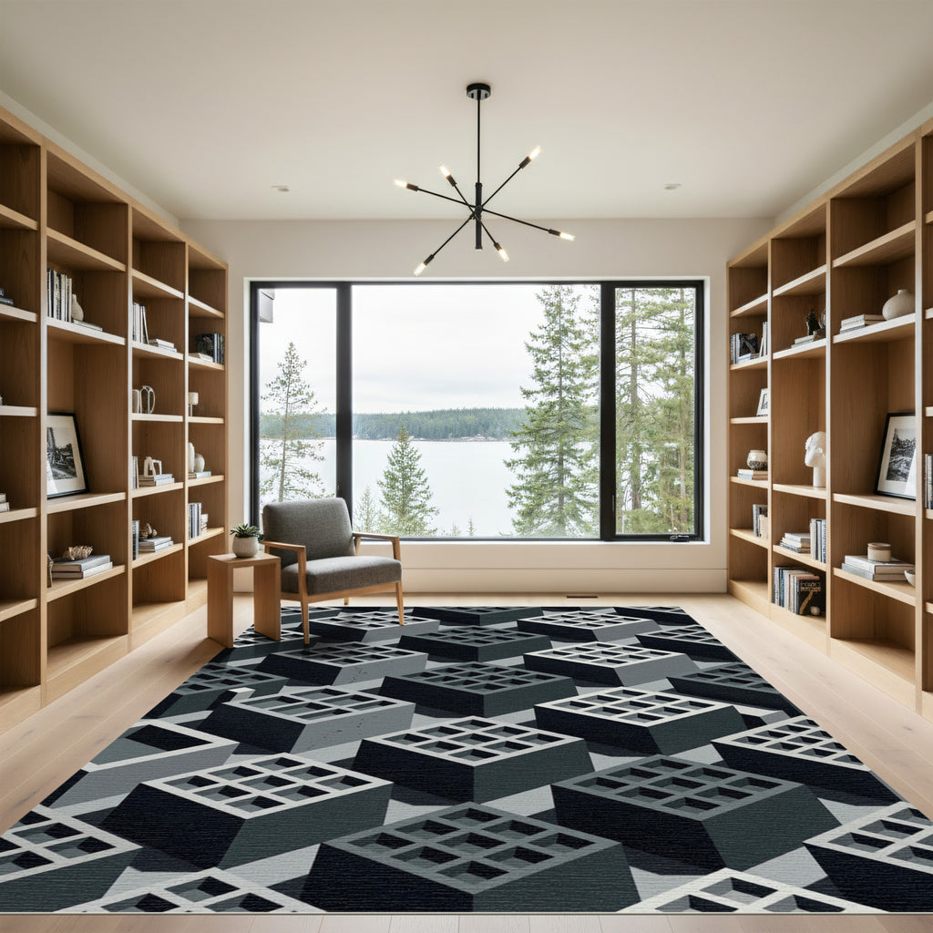 Monochromatic Geometric Grid Industrial Cube Rug
