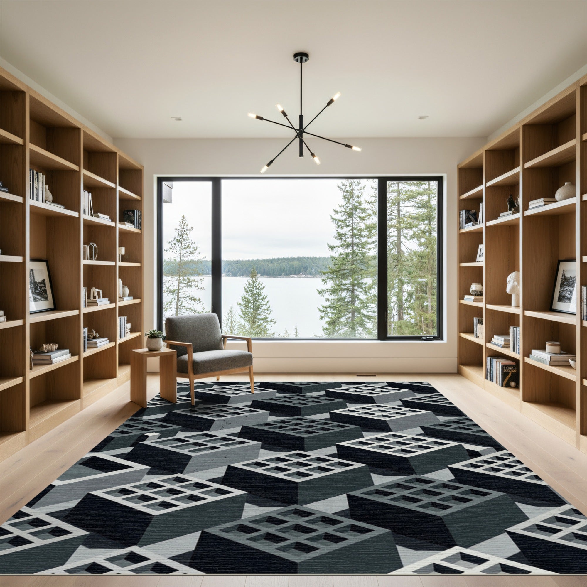 Monochromatic Geometric Grid Industrial Cube Rug