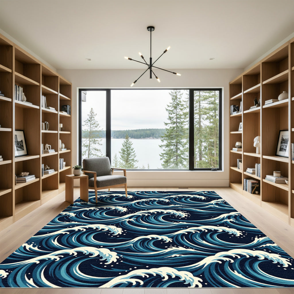 Deep Blue Oceanic Waves Rug