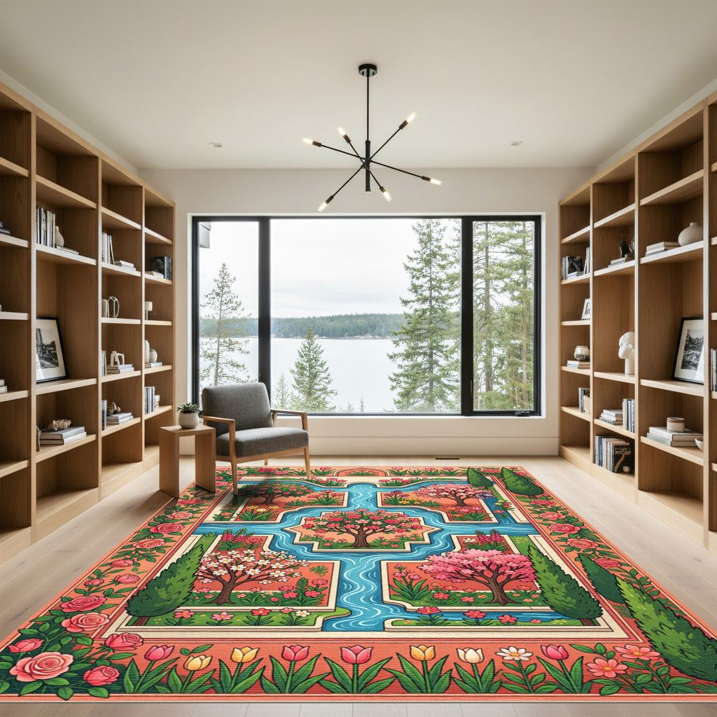 Enchanting Floral Garden Water Feature Rug