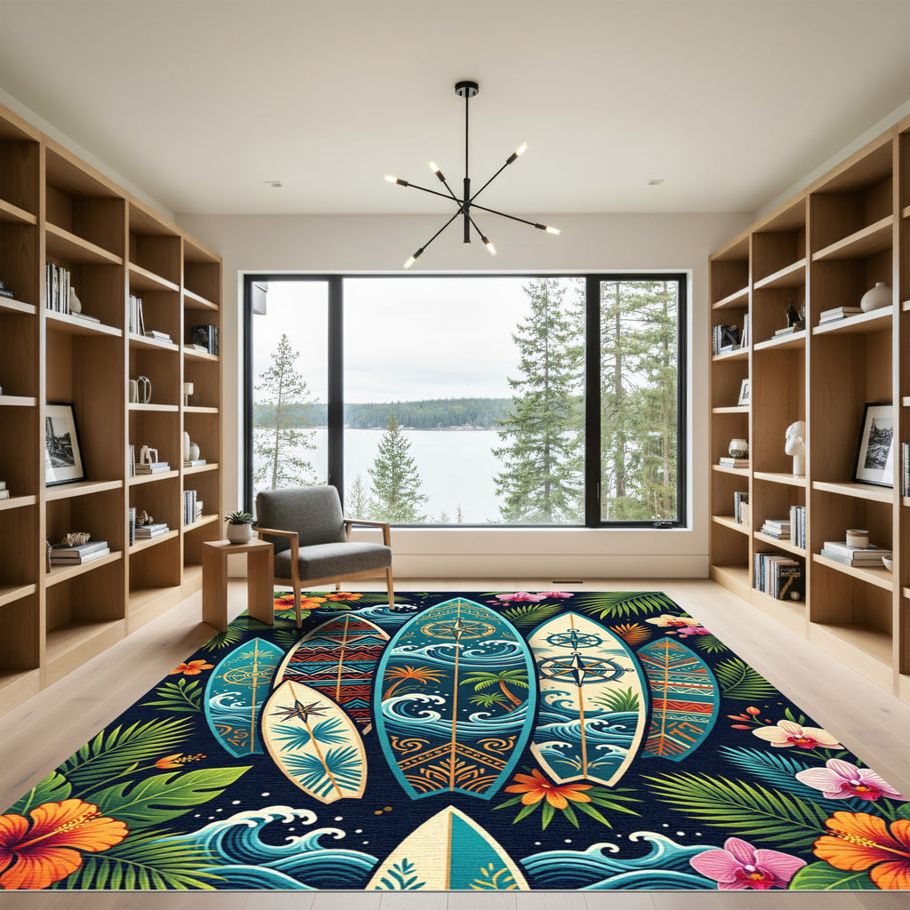 Tropical Surfboard Wave and Floral Illustration Rug
