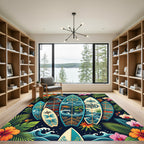 Tropical Surfboard Wave and Floral Illustration Rug