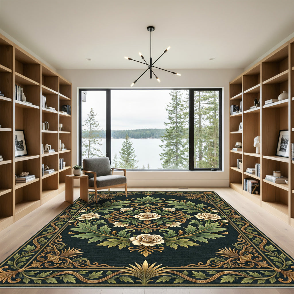 Elegant Cream Rose Floral Medallion Rug