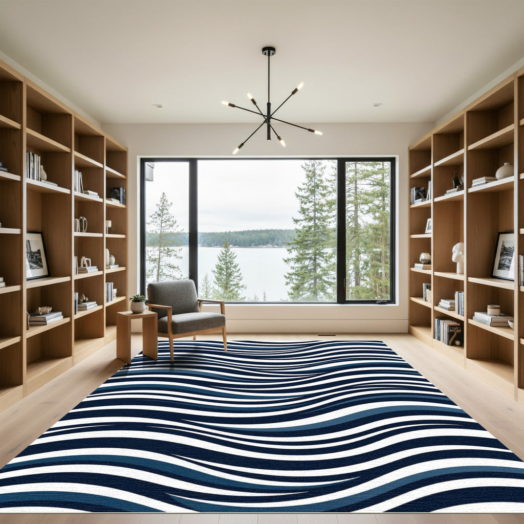 Modern Navy Blue Wavy Linear Rug