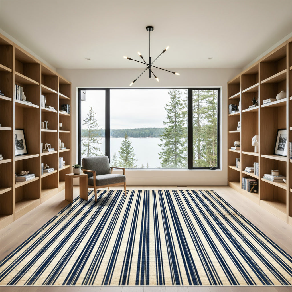 Classic Navy and Cream Pinstriped Rug