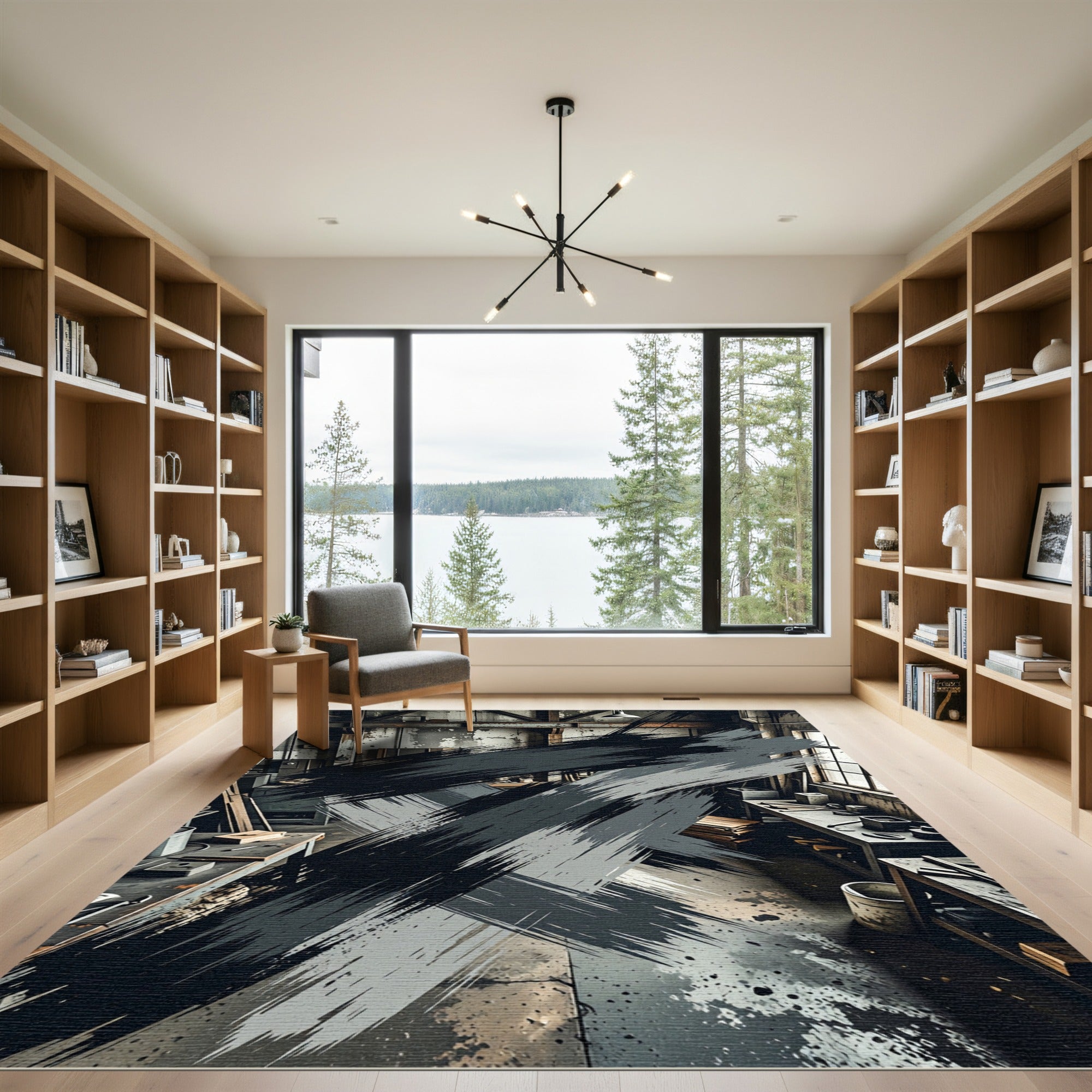 Abstract Charcoal Brush Stroke Ink Rug