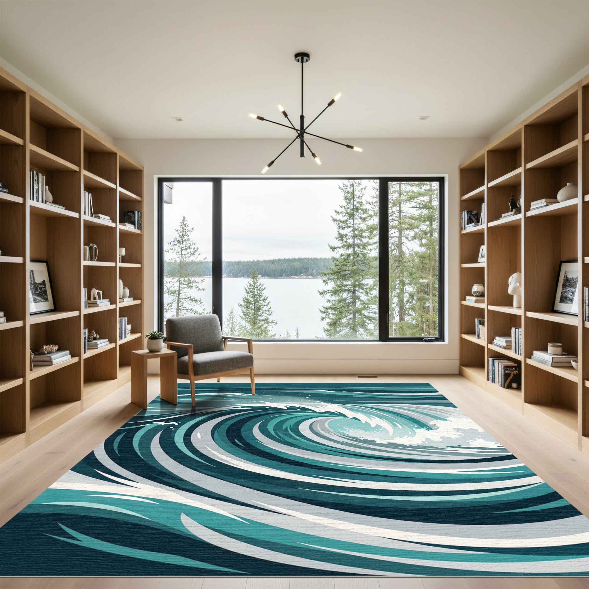 Deep Teal Abstract Swirling Ocean Wave Rug