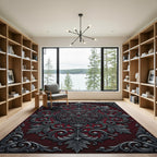 Ornate Silver Damask Crimson Circular Medallion Rug