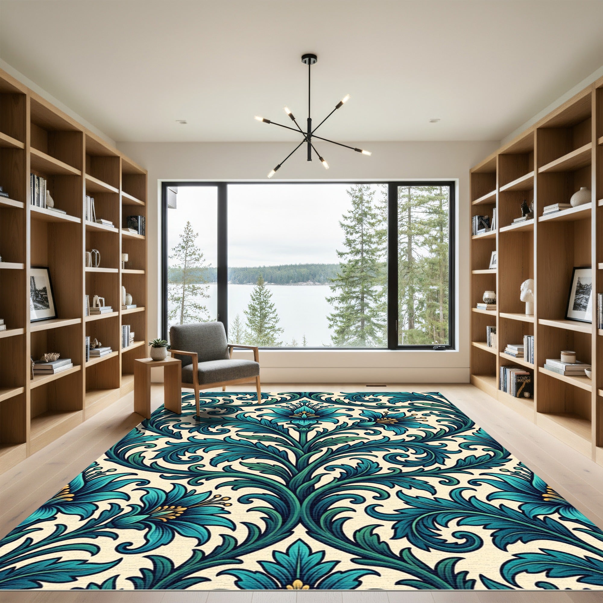 Teal Floral Damask Foliage Scroll Rug
