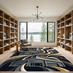 Industrial Abstract Monochrome Gold Swirl Rug