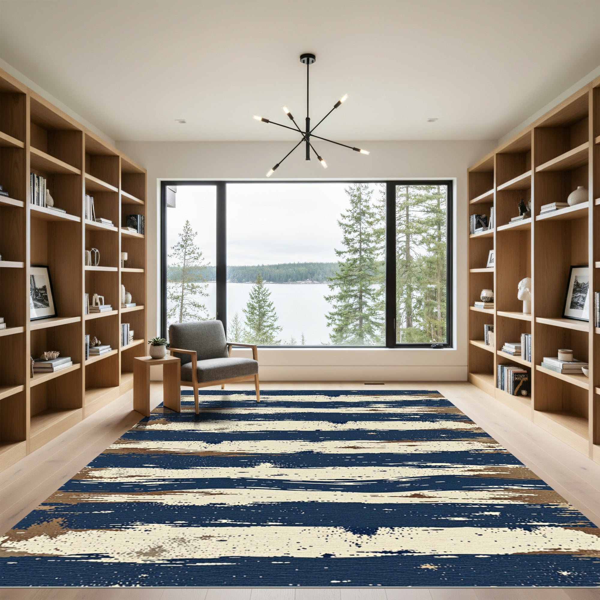Abstract Navy and Tan Brushstroke Rug