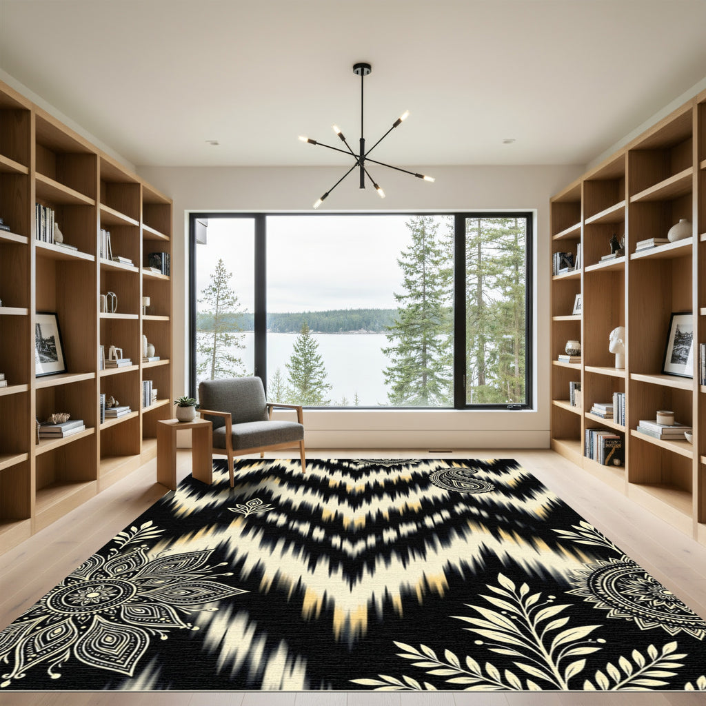 Cream Black Chevron Paisley Mandala Rug