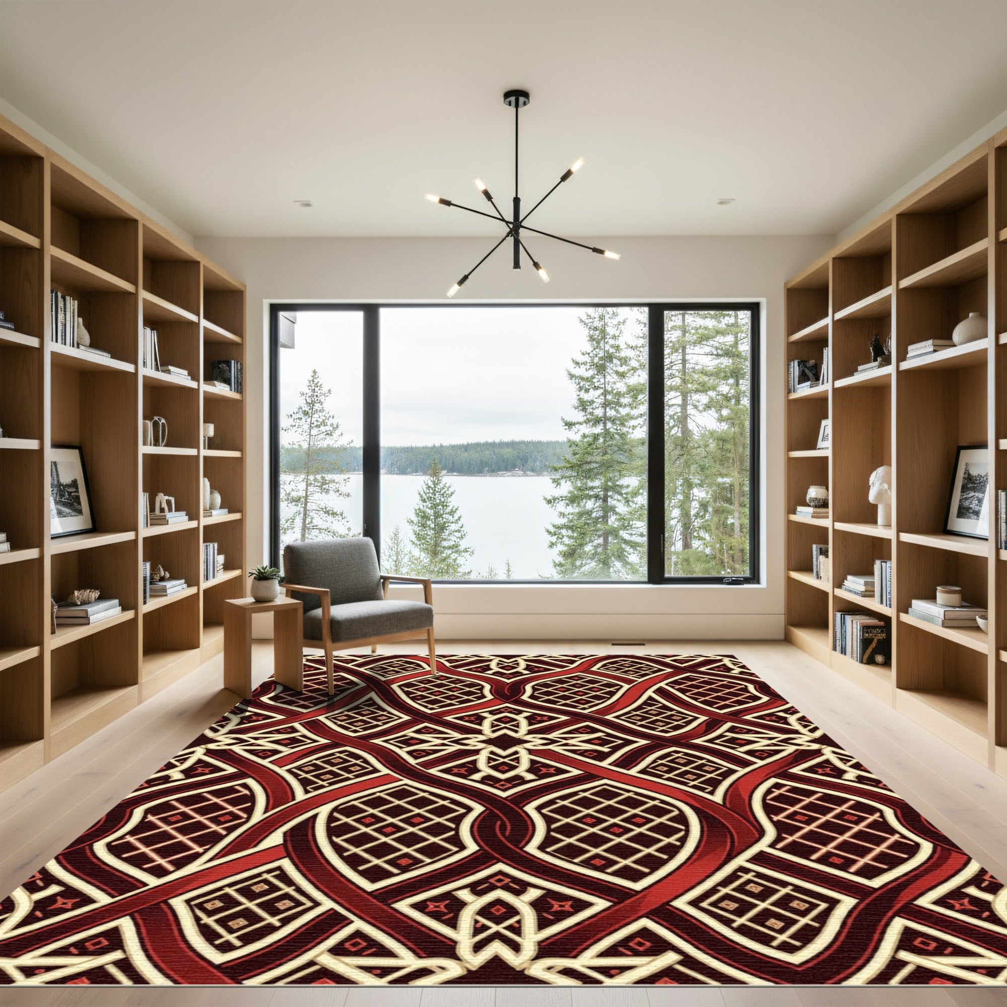 Red Cream Interlocking Geometric Lattice Rug