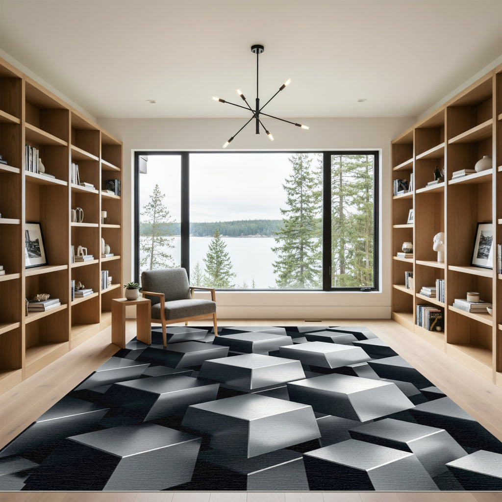 Modern Metallic Silver 3D Cube Grid Rug
