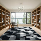 Modern Metallic Silver 3D Cube Grid Rug