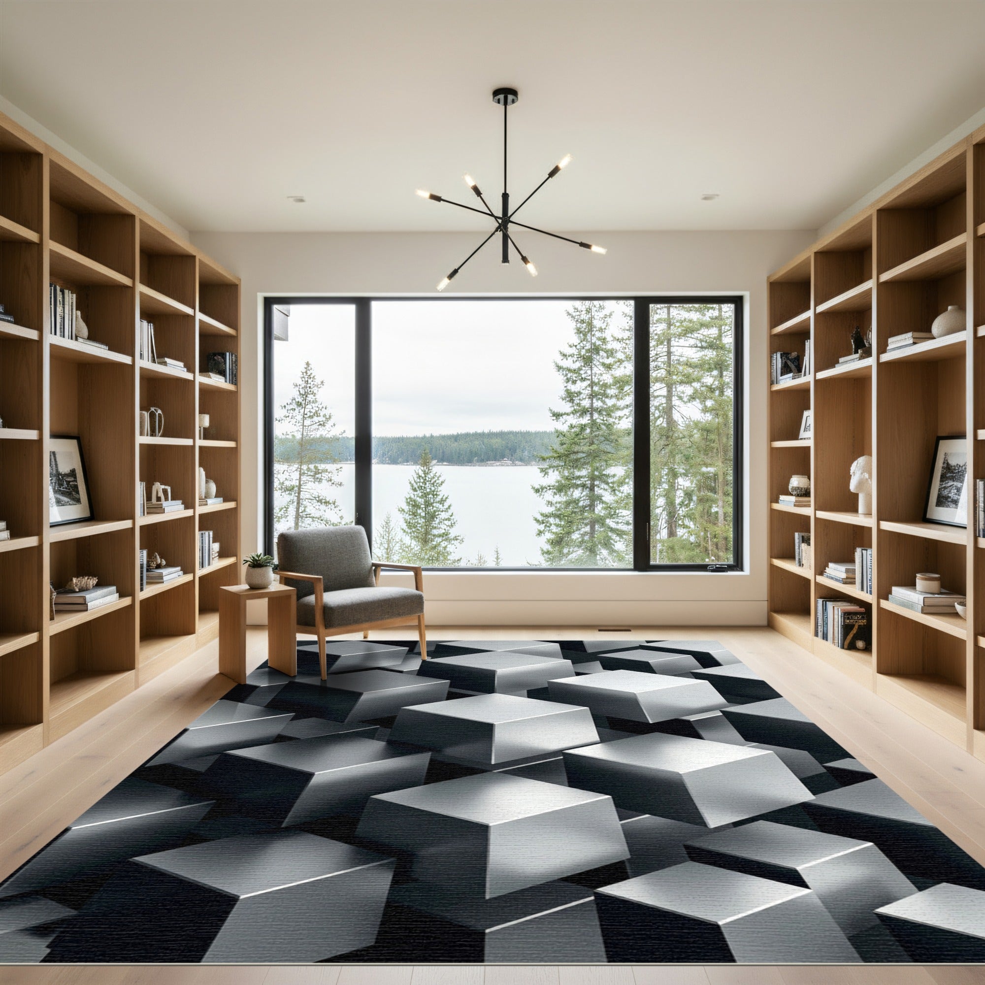 Modern Metallic Silver 3D Cube Grid Rug