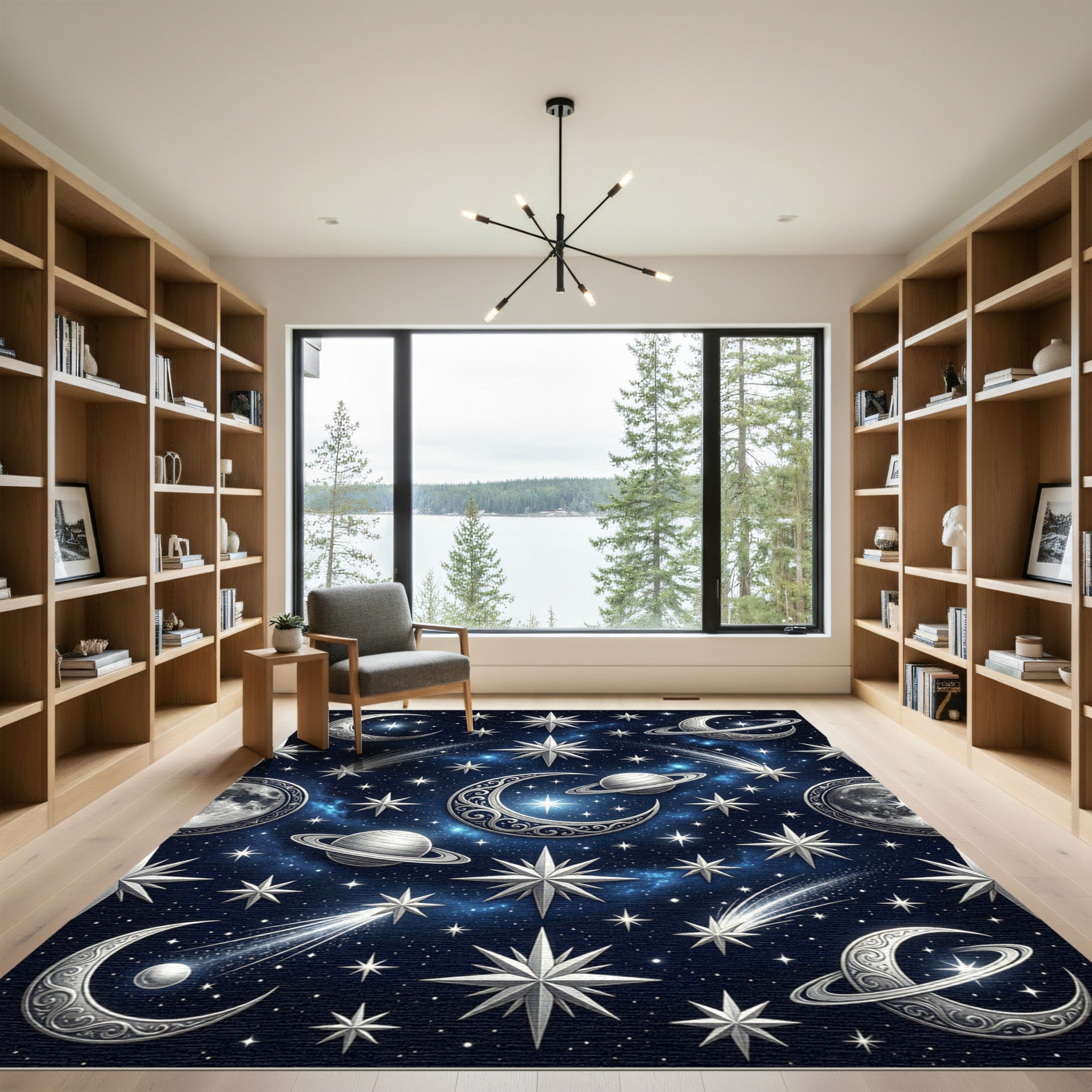 Celestial Silver Moon and Starry Night Rug