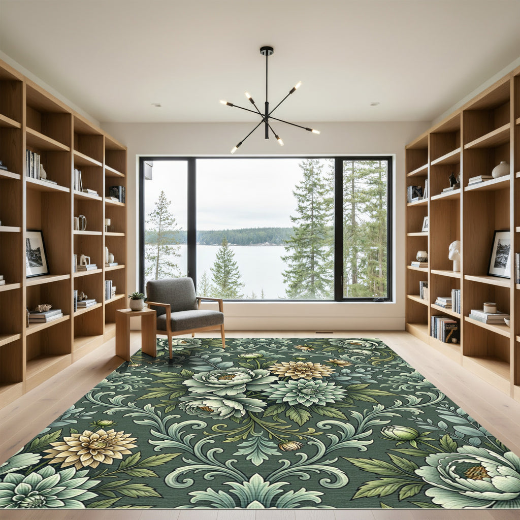 Muted Green Floral Acanthus Vine Rug
