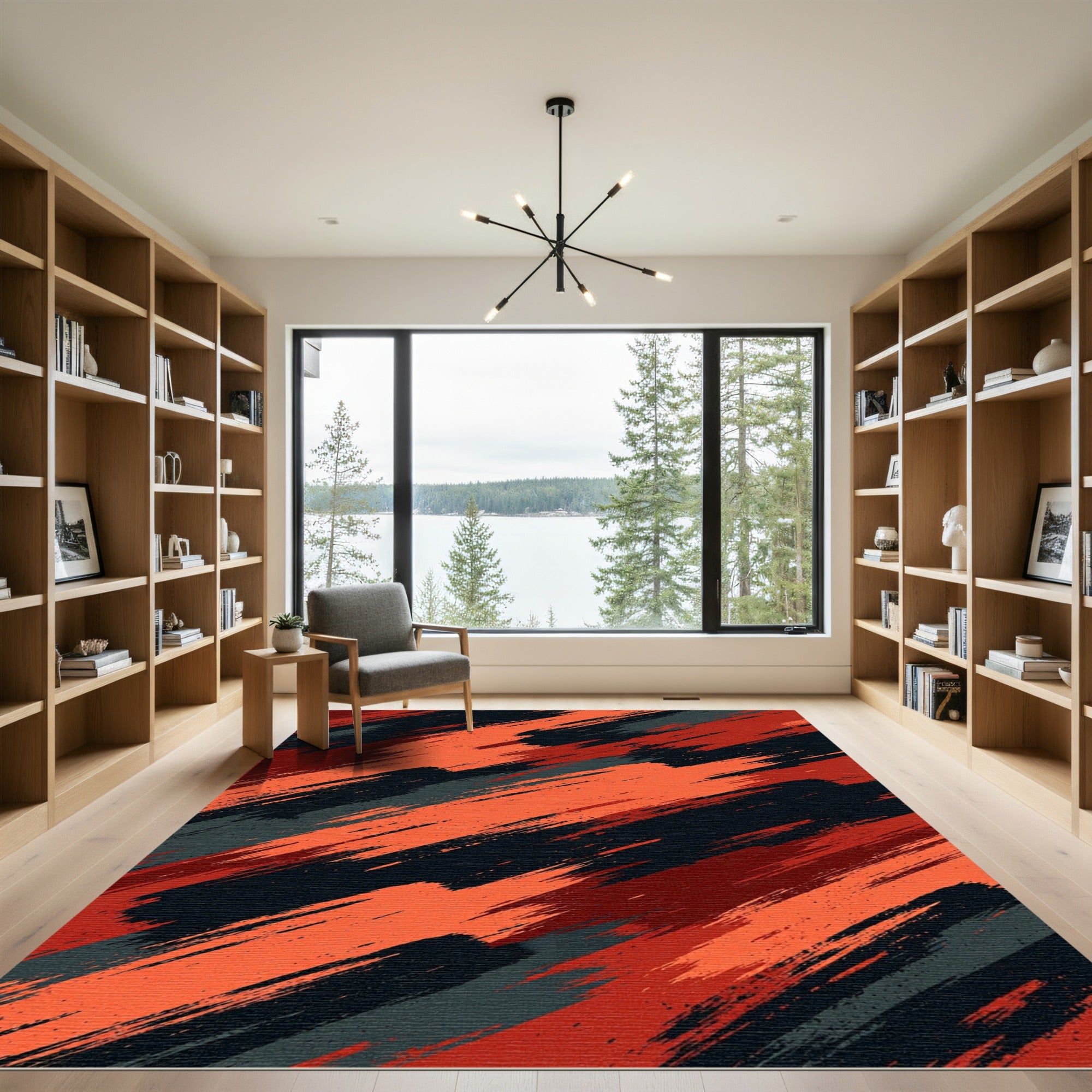 Crimson Orange Abstract Brush Strokes Rug
