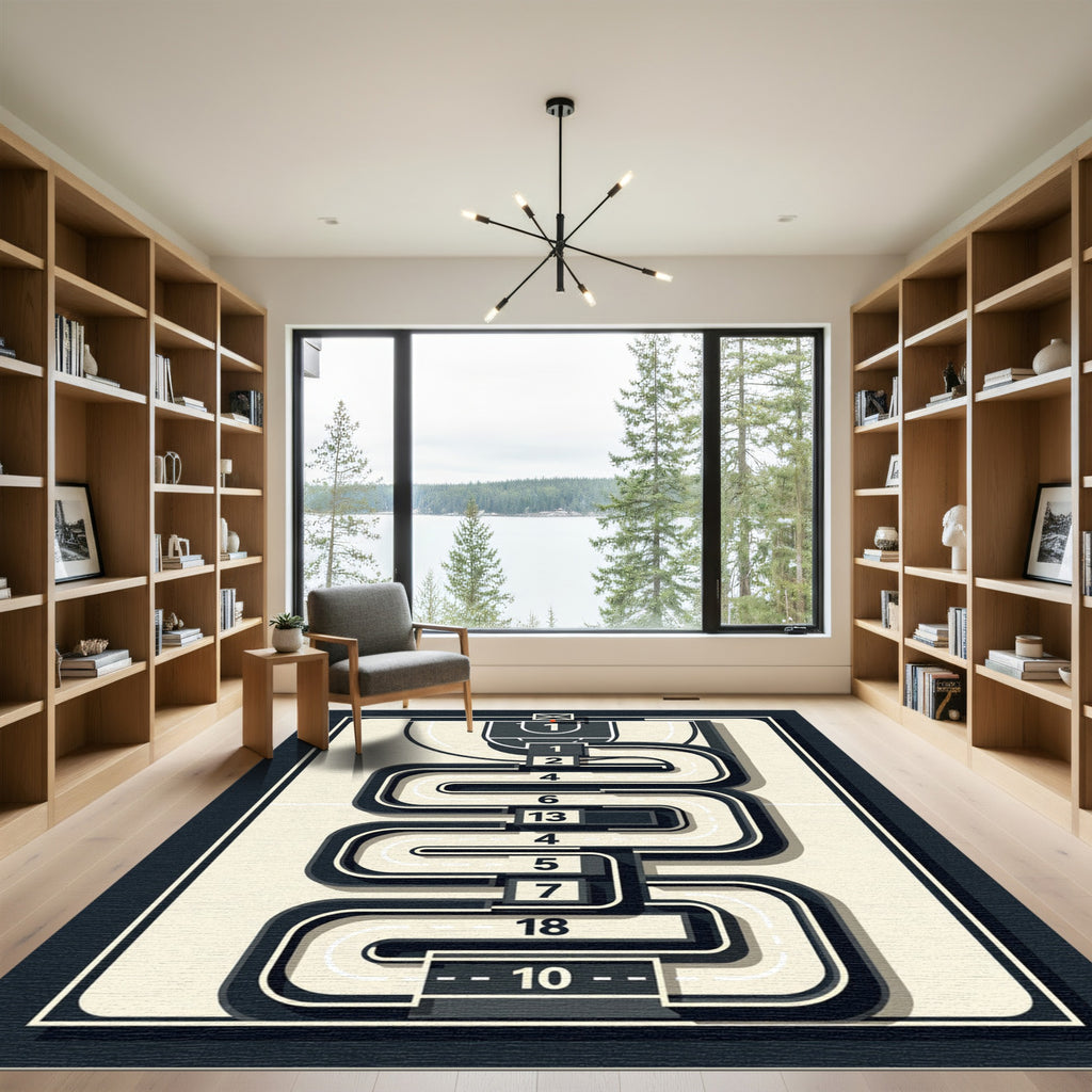 Contemporary Abstract Court Maze Monochrome Area Rug