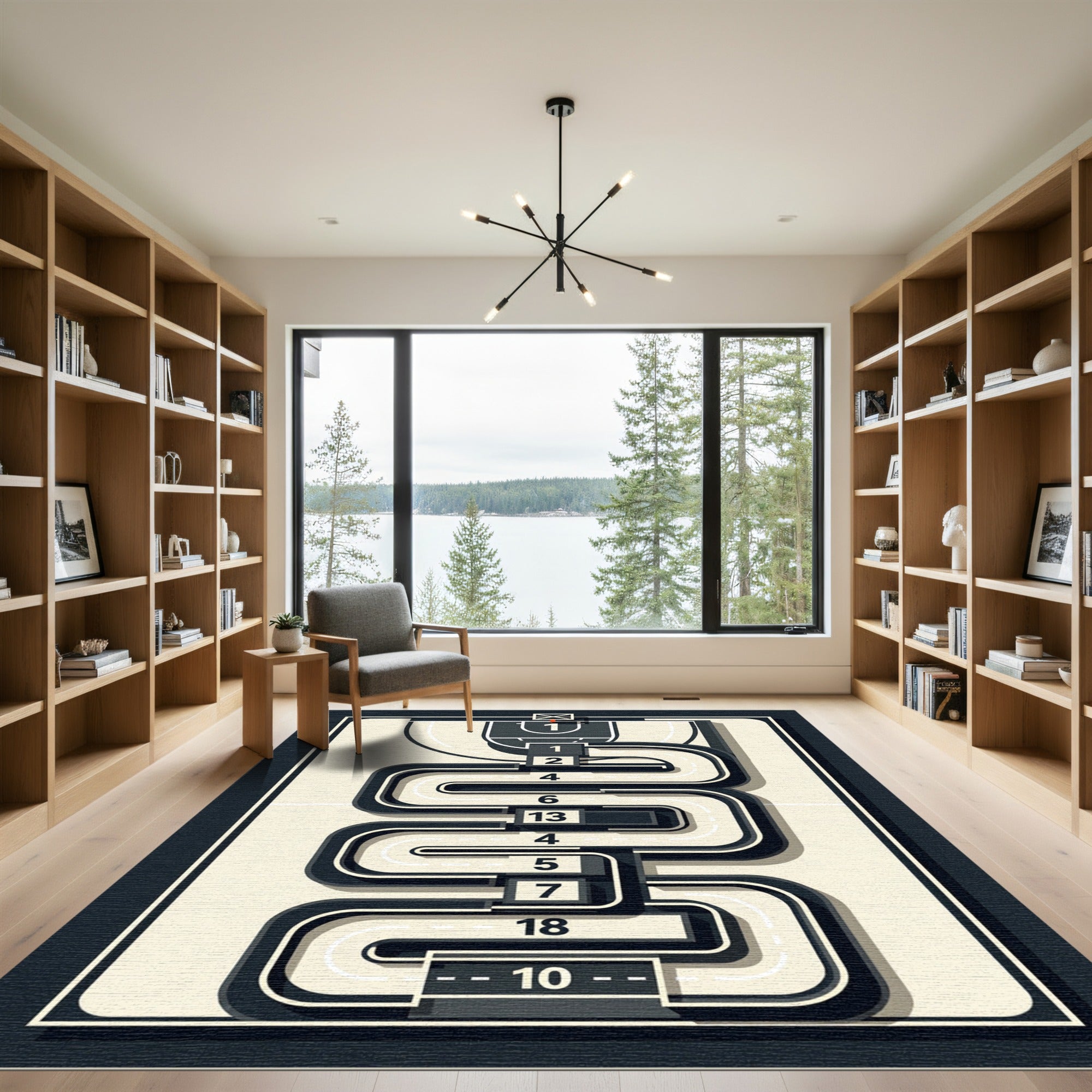 Contemporary Abstract Court Maze Monochrome Area Rug