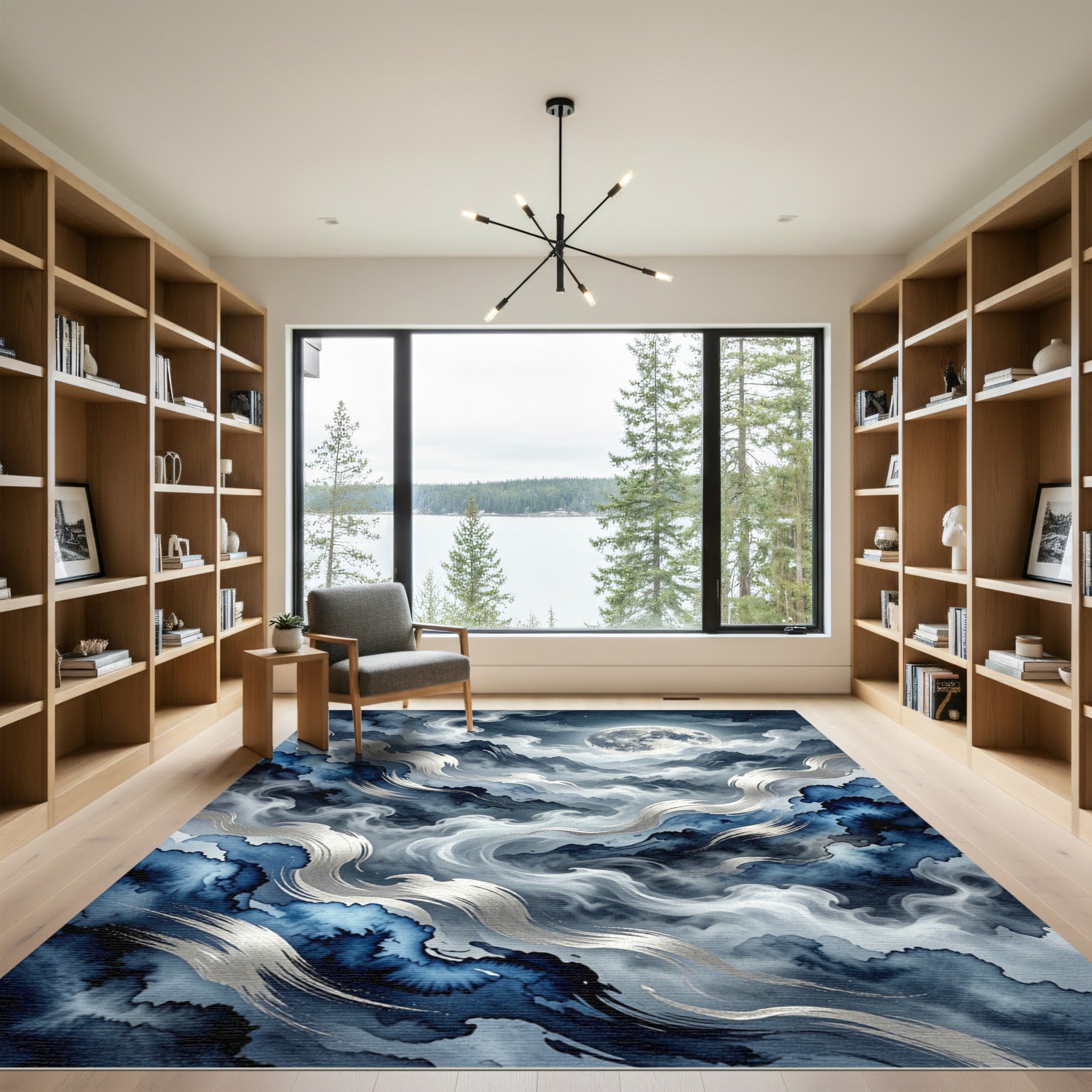 Misty Blue Moonlit Mountain Waves Rug