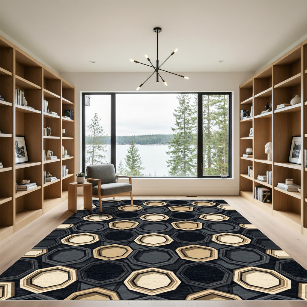 Geometric Hexagonal Beige Black Rug