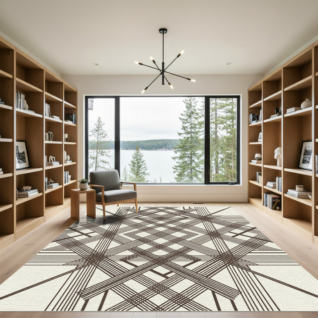 Sophisticated Chocolate Brown Intersecting Geometric Trellis Rug