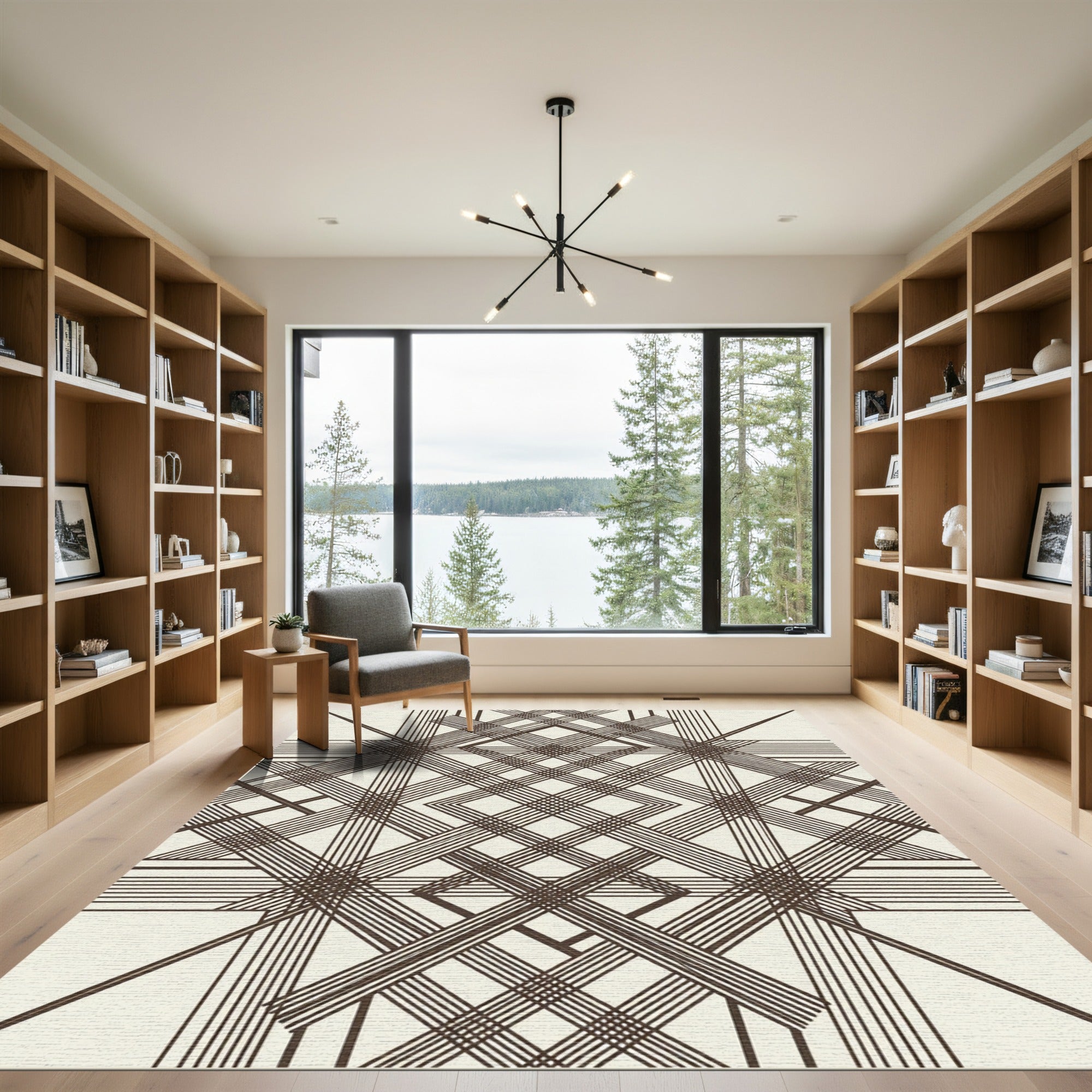 Sophisticated Chocolate Brown Intersecting Geometric Trellis Rug