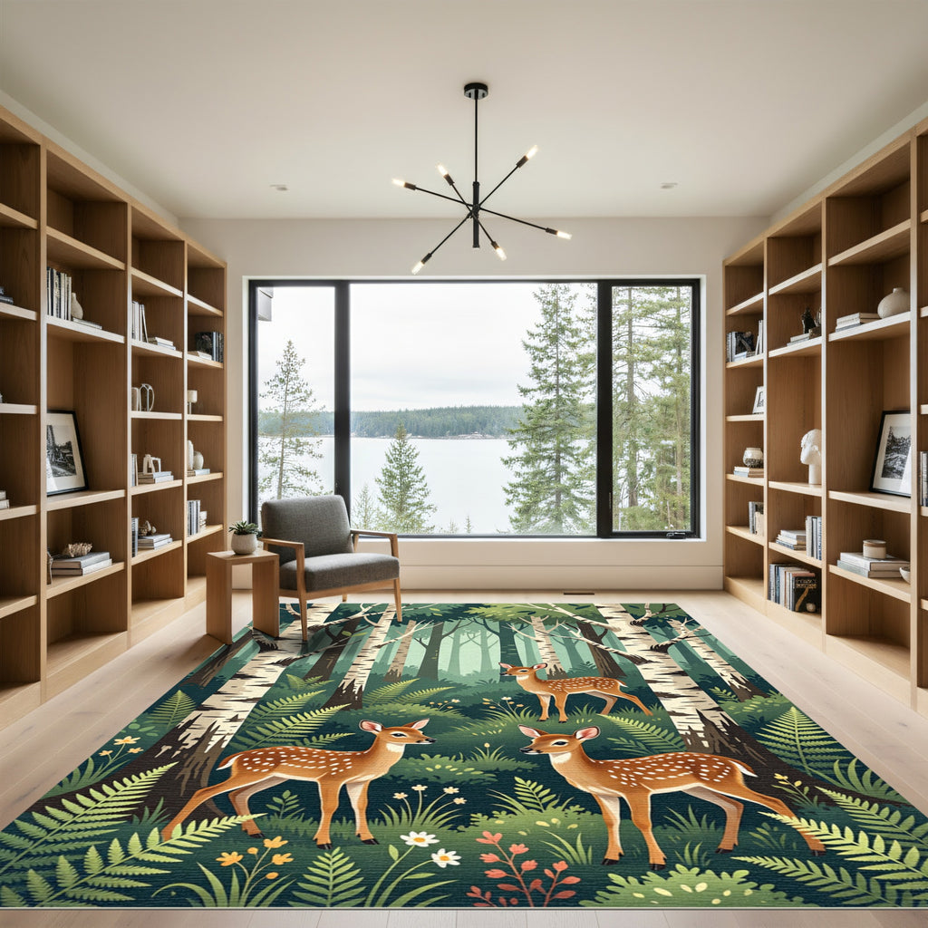 Whimsical Forest Fawn Birch Woodland Scene Rug
