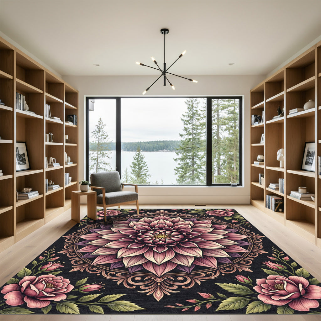 Ornate Pink Dahlia Floral Mandala Rug