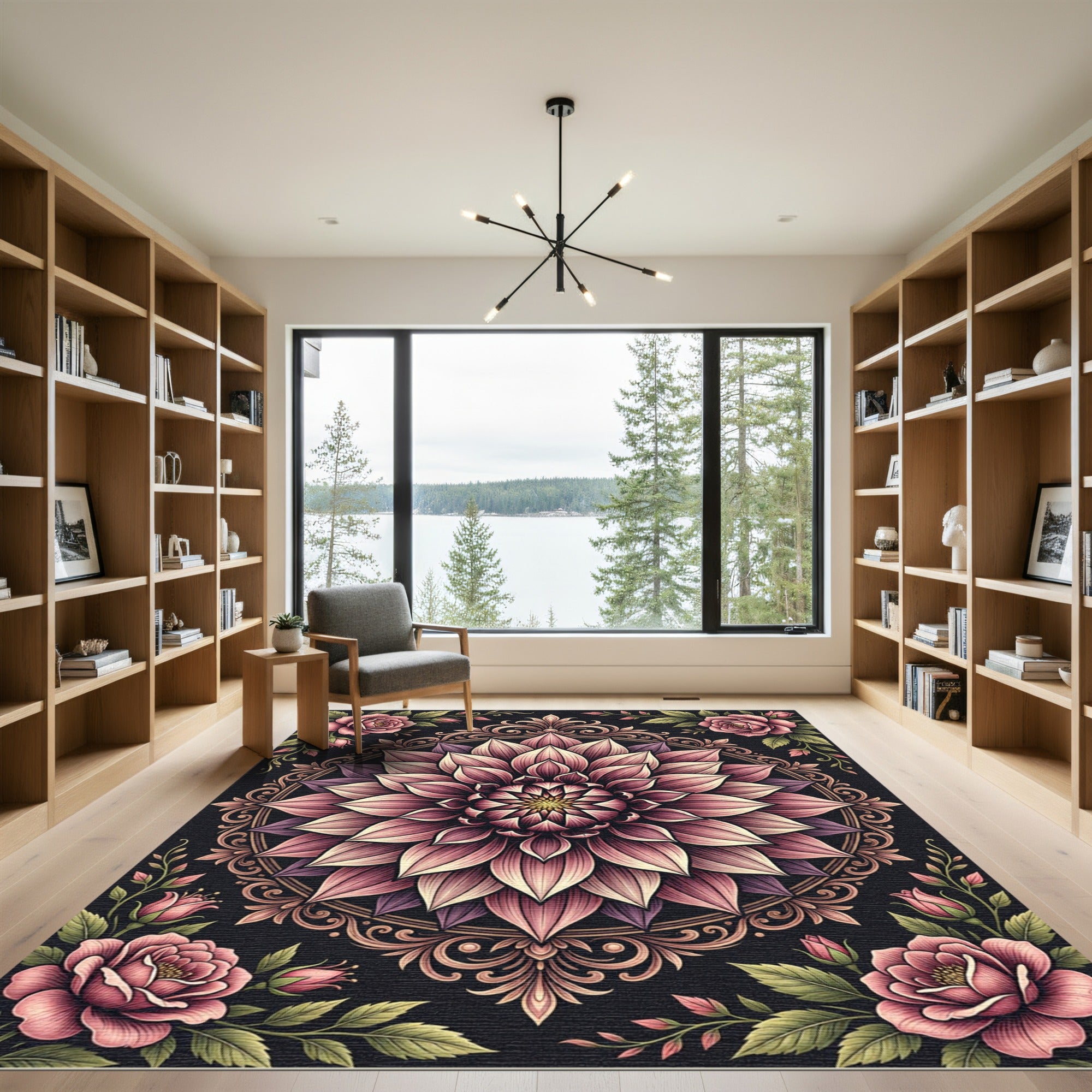 Ornate Pink Dahlia Floral Mandala Rug