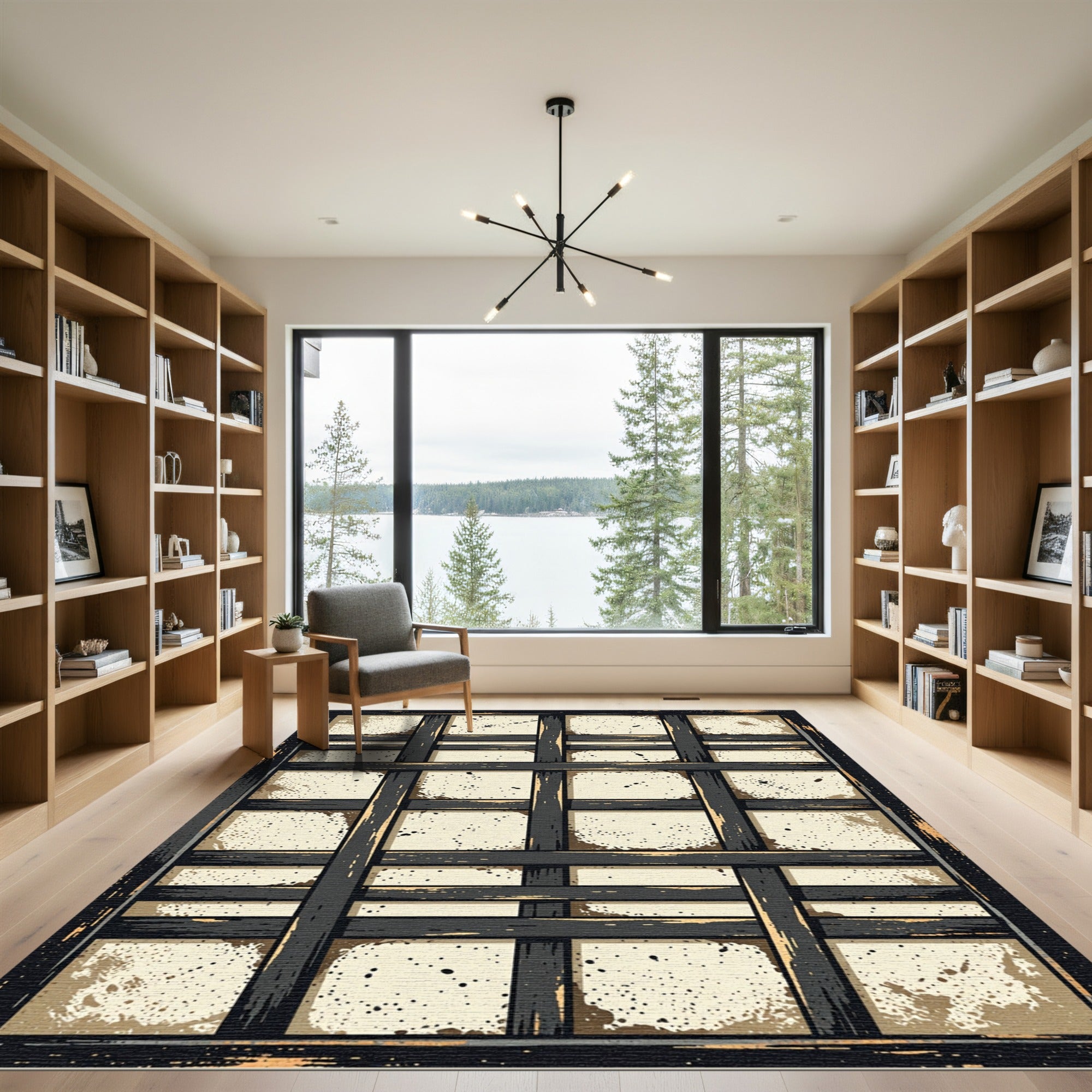 Distressed Charcoal Grid Plaid Rug