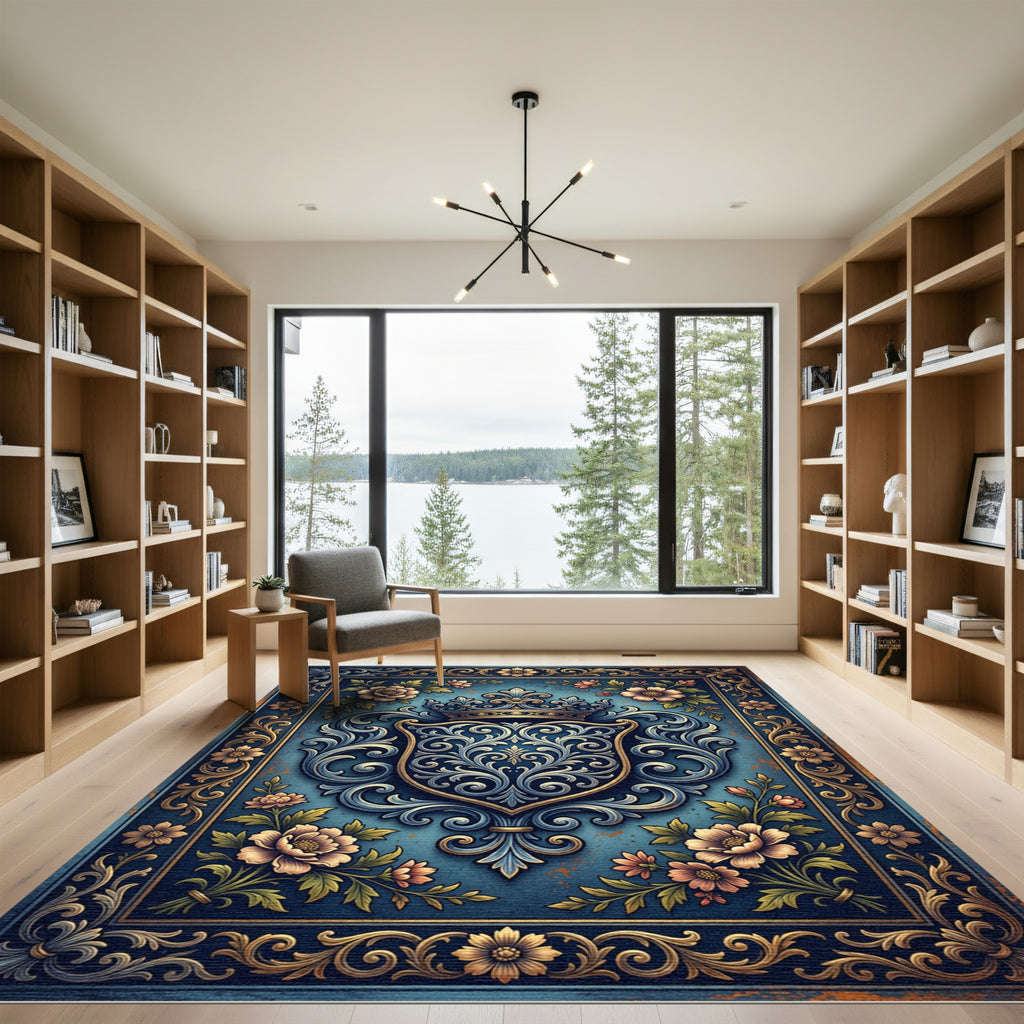 Elegant Navy Floral Crown Crest Area Rug