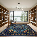 Elegant Navy Floral Crown Crest Area Rug