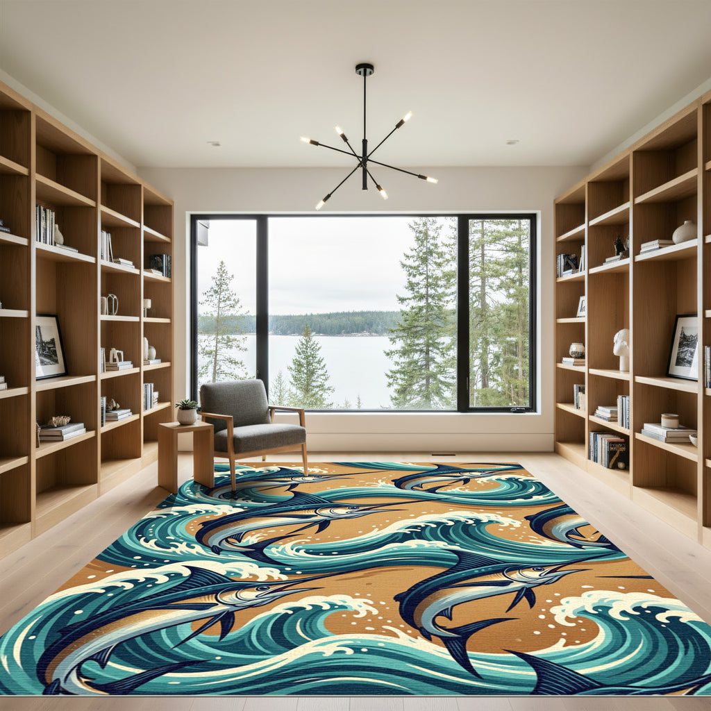 Dynamic Marlin Fish Surfing Ocean Waves Rug