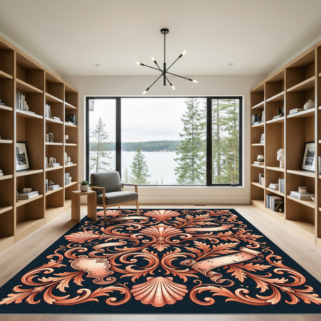 Ornate Copper Shell Baroque Scroll Rug