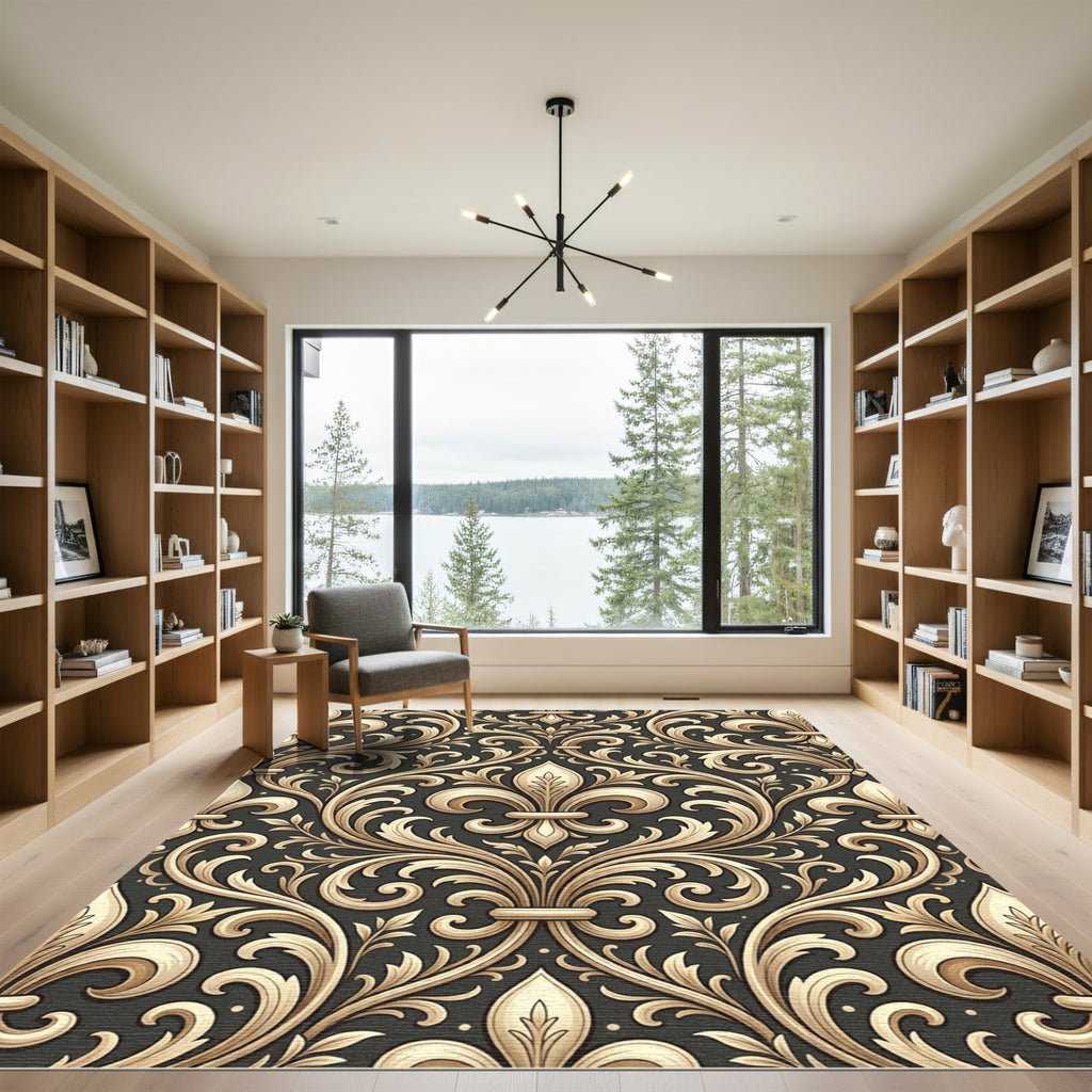 Elegant Gold Fleur de Lis Damask Rug