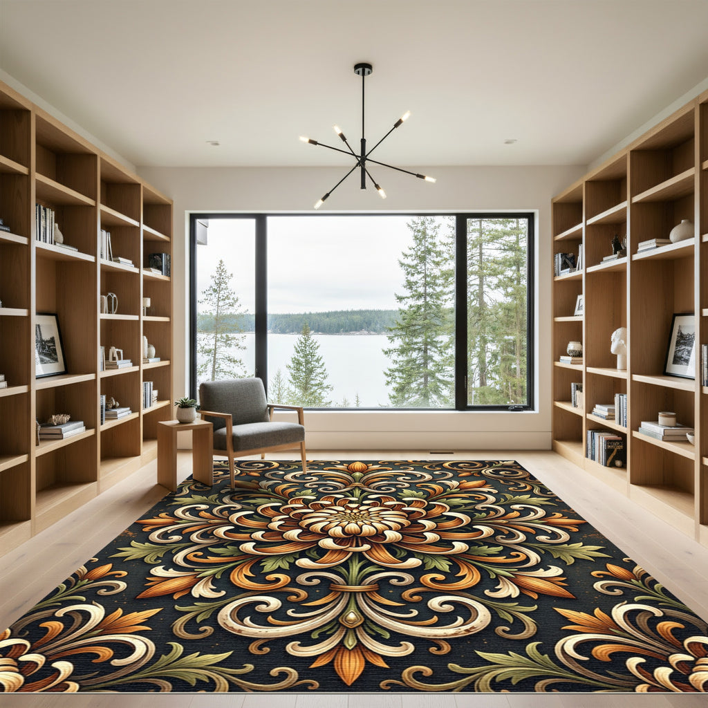 Golden Floral Damask Scroll Area Rug