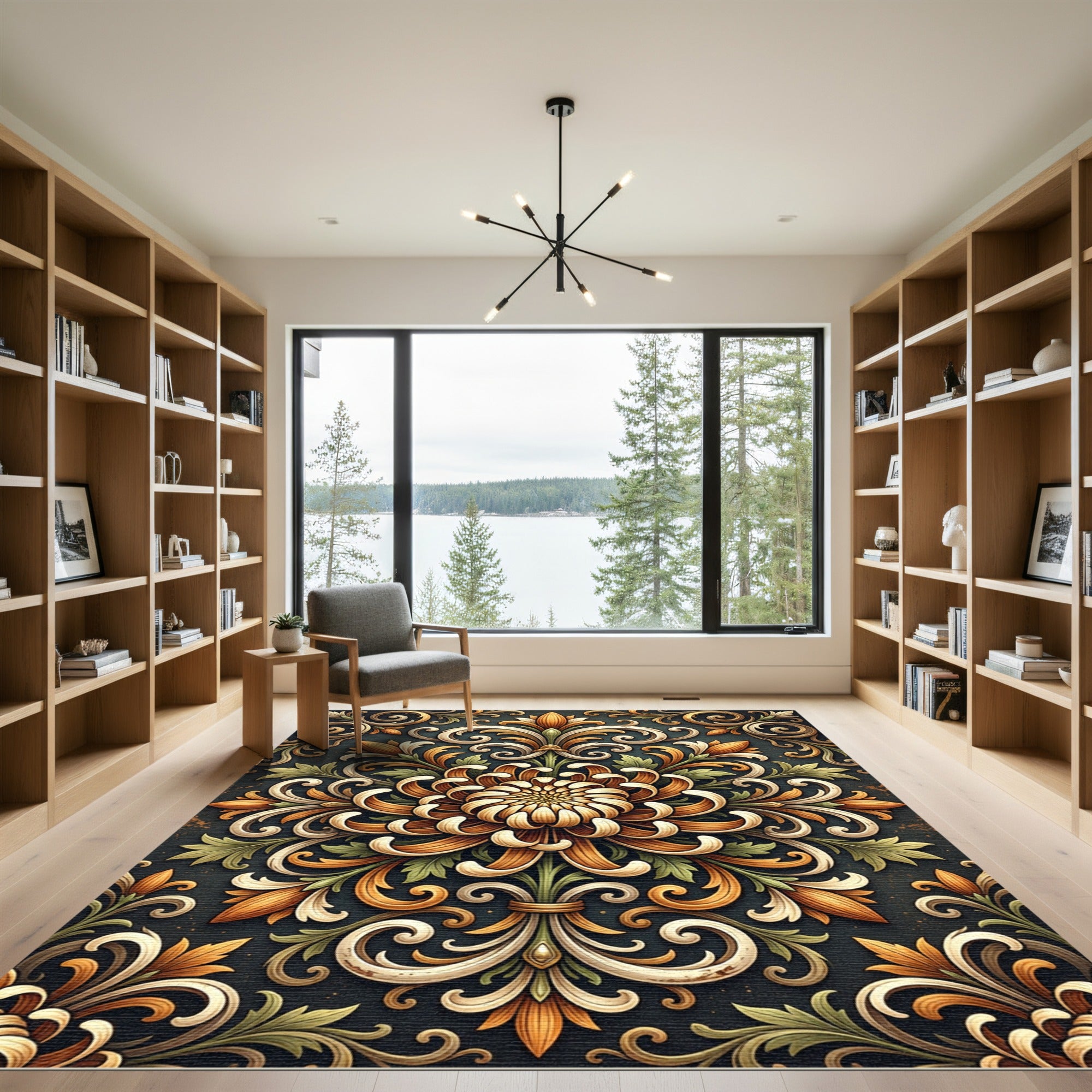 Golden Floral Damask Scroll Area Rug