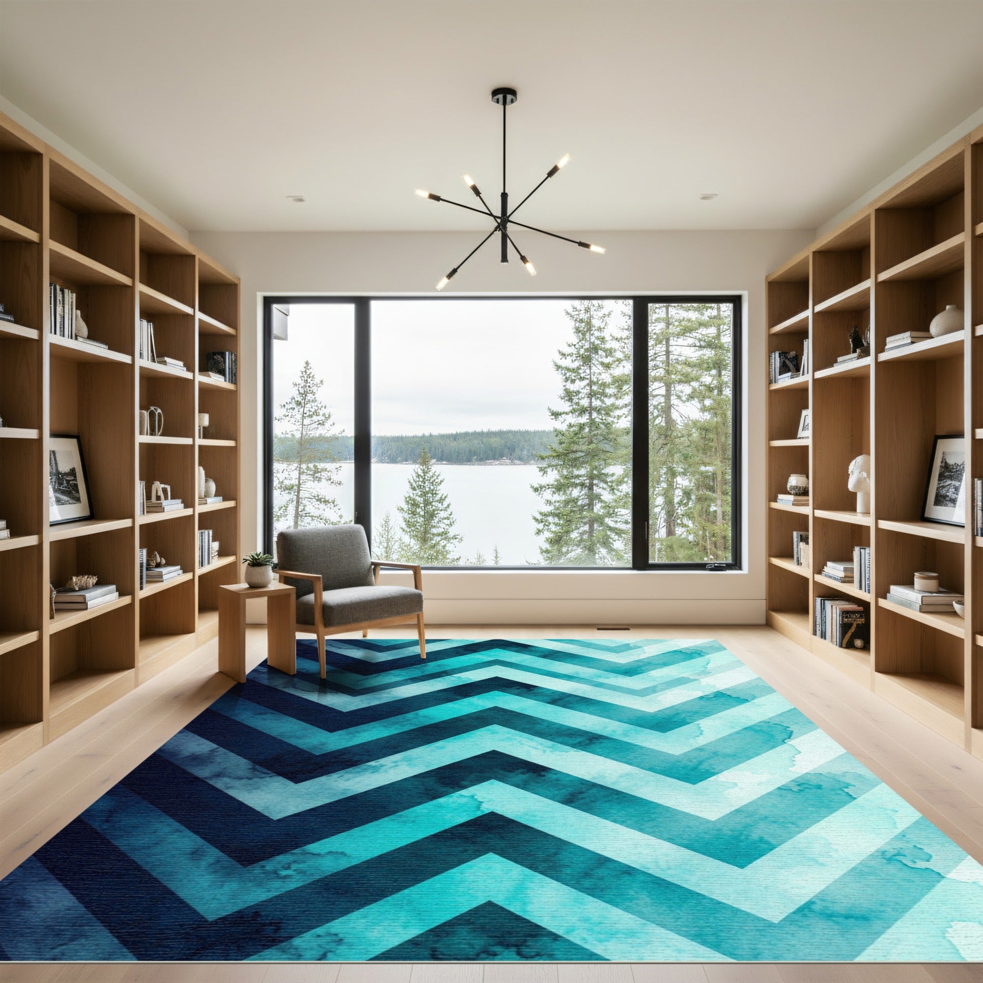 Watercolor Teal Chevron Gradient Wave Rug