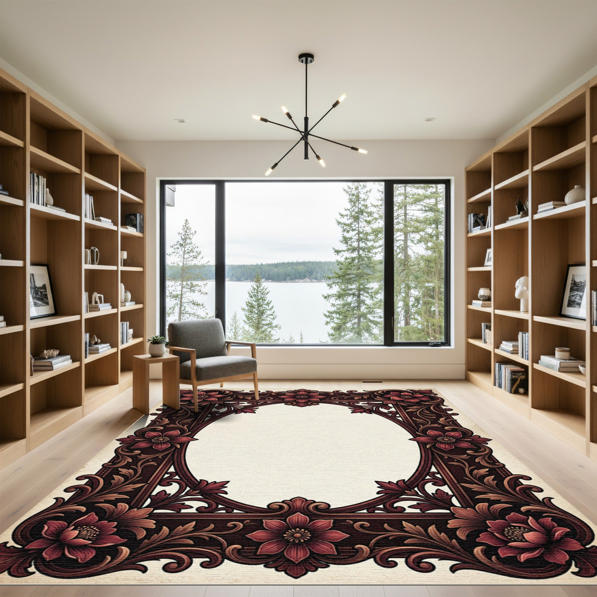 Ornate Burgundy Floral Scroll Frame Rug